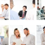 Kollage mit 6 Bildern glücklicher Kunden in Gespächen